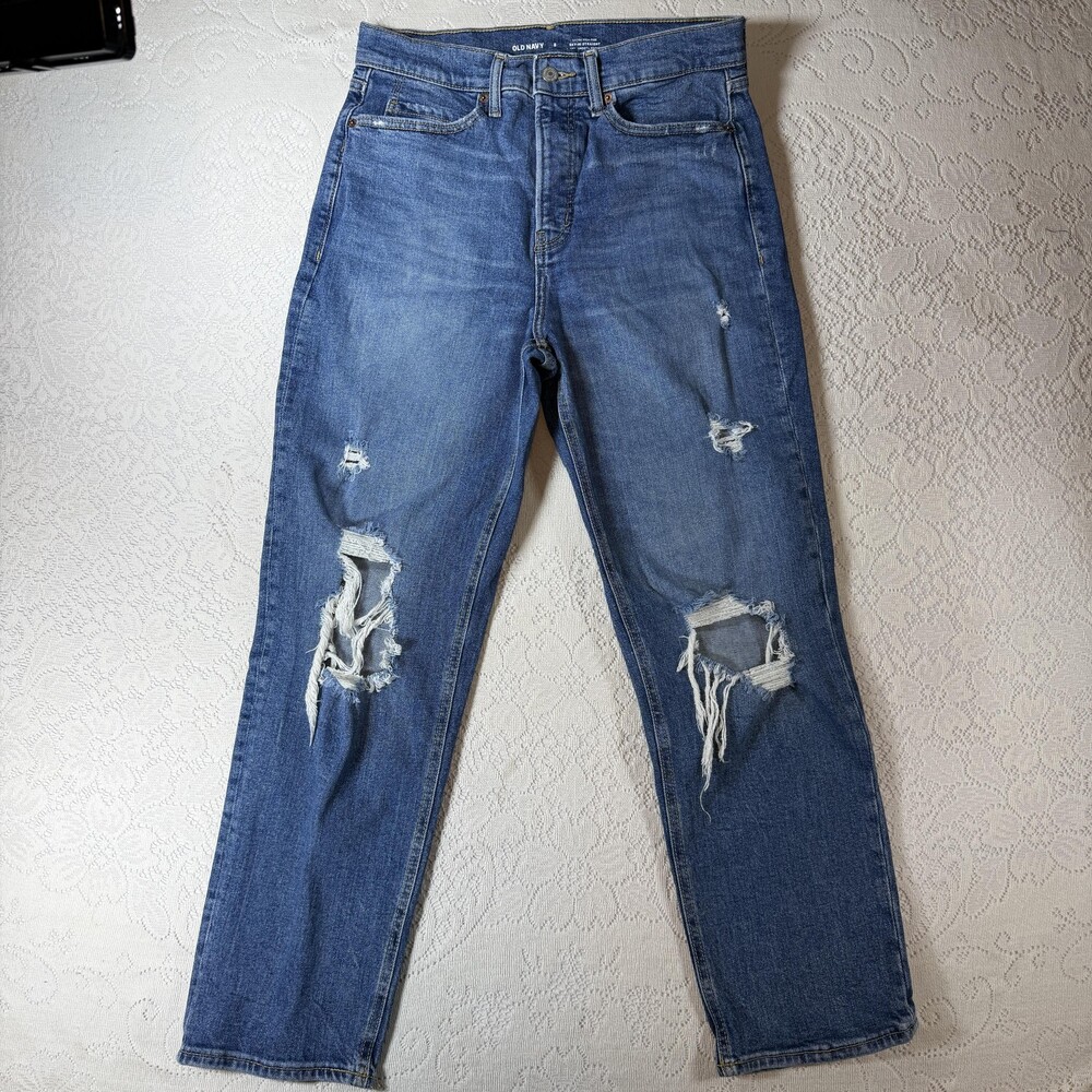 Old Navy Sky-Hi Straight Jeans Womens 8 Blue Extra High Rise Distressed Denim